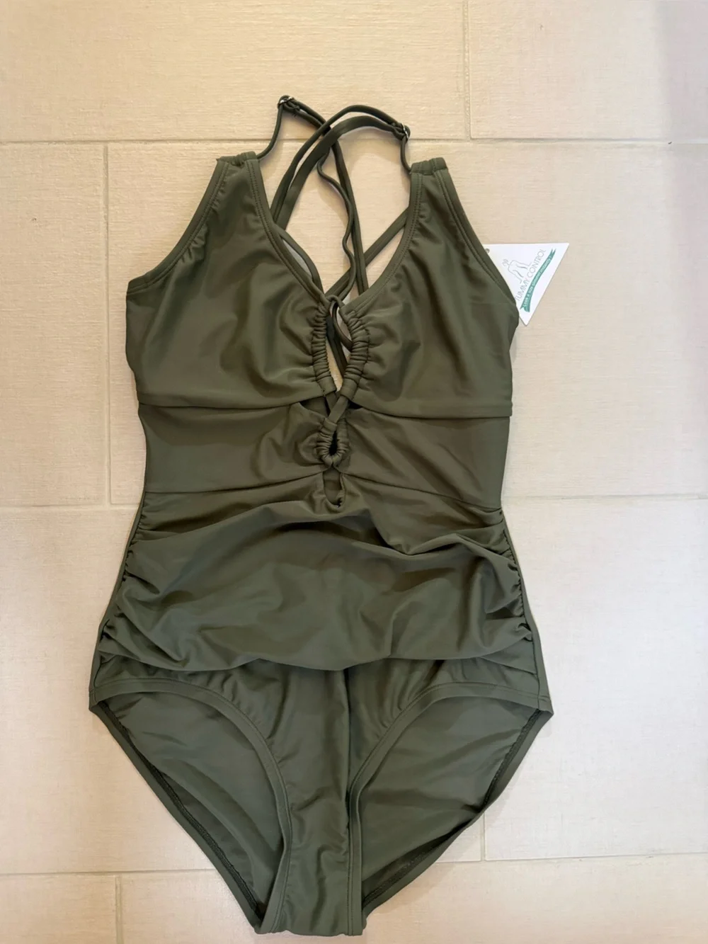 Olive Green One-Piece Swimsuit with Ruched Front